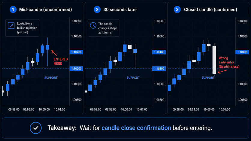 Binary options entry timing mistake — showing difference between entering mid-candle formation versus waiting for candle close confirmation