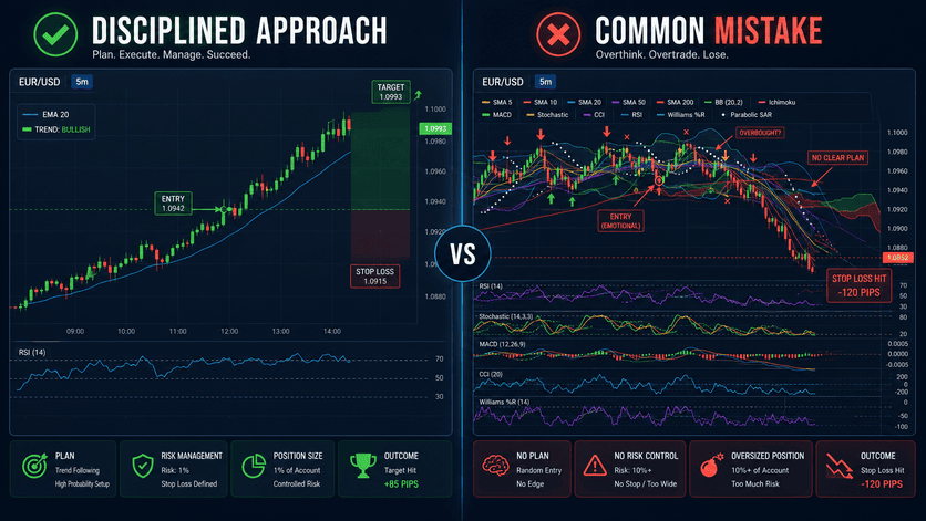 Common binary options trading mistakes versus disciplined approach — split comparison showing correct and incorrect trade setup for beginners