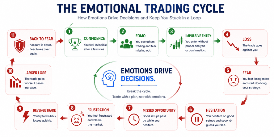 Binary options emotional trading cycle — diagram showing how fear, FOMO, overconfidence, and revenge trading connect in a recurring psychological loop