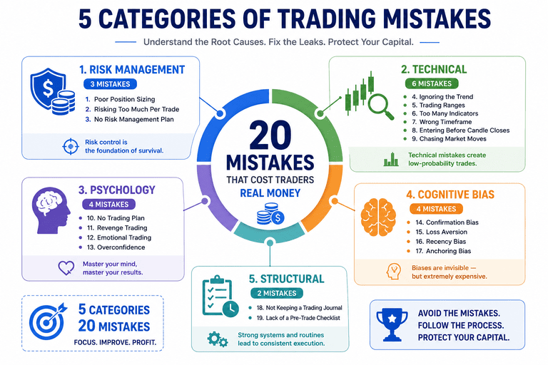 Binary options trading mistakes infographic — 20 mistakes grouped into 5 categories: risk management, technical, psychology, cognitive bias, and structural errors
