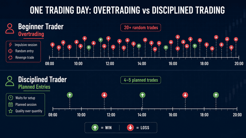 Binary options overtrading comparison — beginner's 20+ random trades per session versus disciplined trader's 4-5 planned entries per day