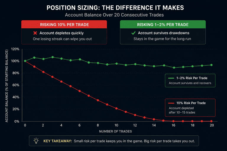 Binary options position sizing comparison — account balance curve showing 10% risk per trade versus 1-2% risk per trade over 20 trades