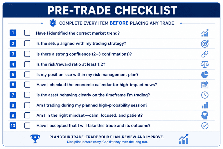 Binary options pre-trade checklist — 10-point verification list for traders to complete before placing any binary options contract