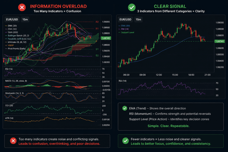 Binary options chart comparison — overloaded chart with 8 indicators versus clean chart with EMA, RSI, and support level for clearer trade signal