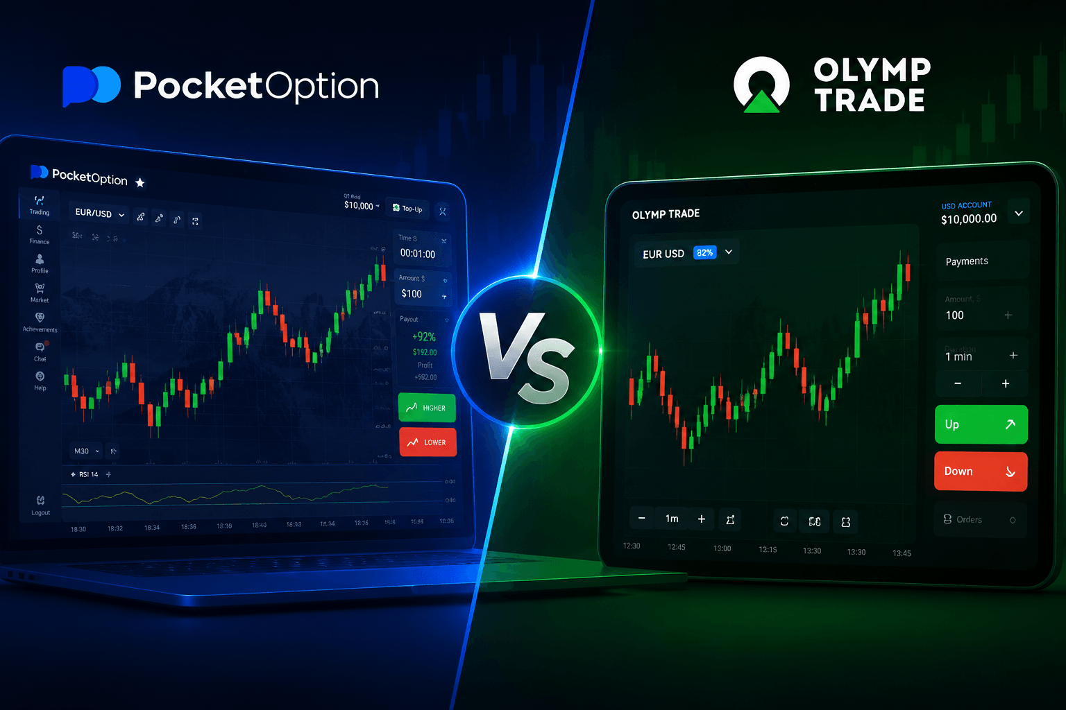 Pocket Option vs Olymp Trade comparison 2026 — side-by-side trading platform interfaces